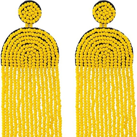 Long Yellow 4.5" Modern Art Deco Oversized Earrings New Bohemian Tassel Fringe - Picture 3 of 5